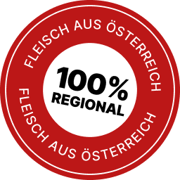 Rotes Siegel mit weißem Kreis, darin steht ‚100% regional‘. Auf dem roten Rand steht ‚Fleisch aus Österreich‘.